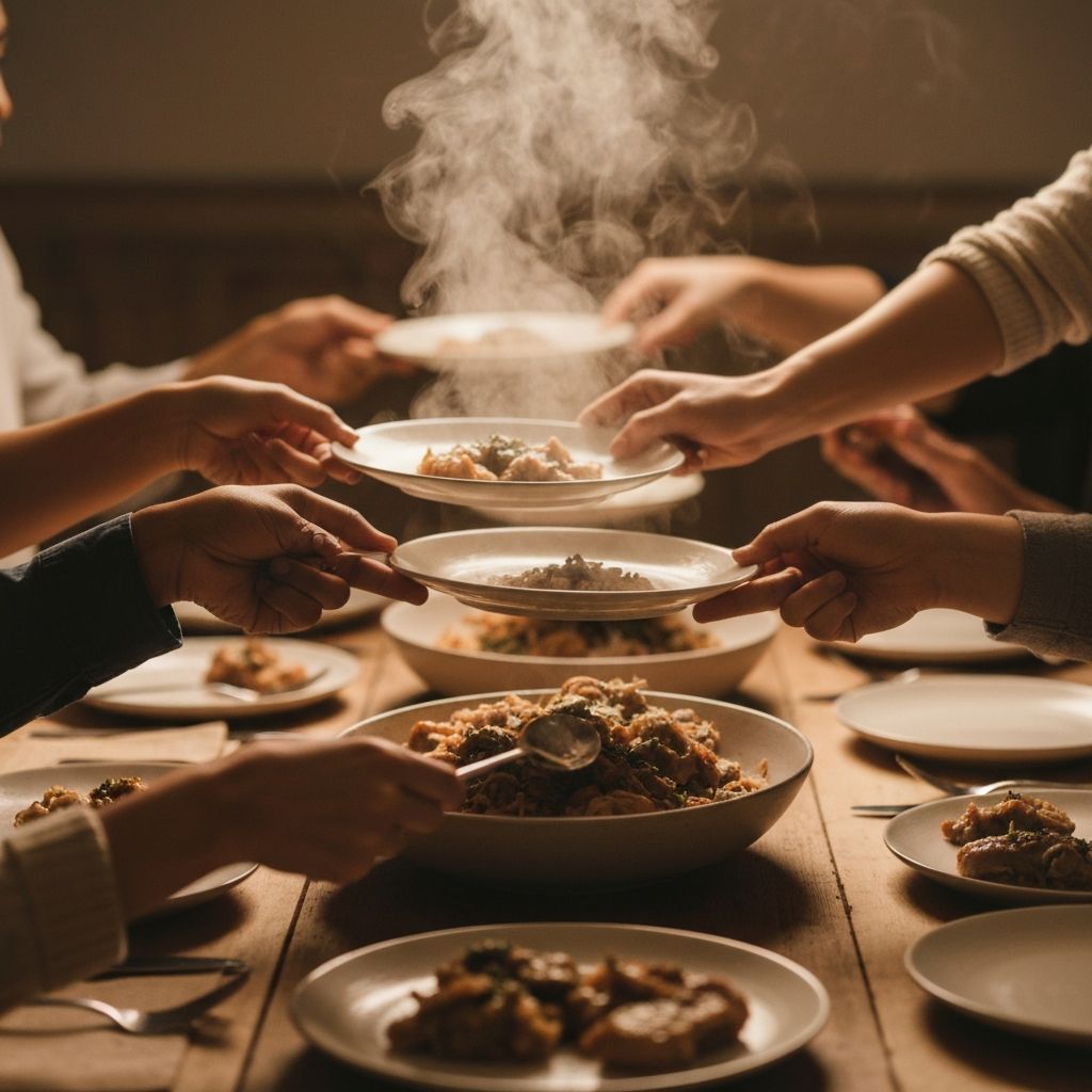 Hands picking up food from shared serving platters