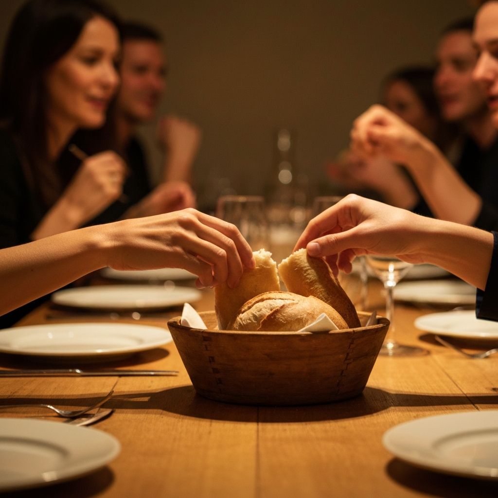 Close-up of hands reaching for bread basket at shared dinner table